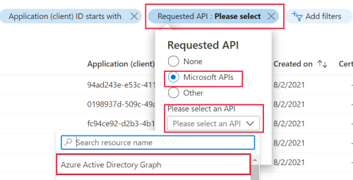 Filtrar aplicativos que usam o Azure AD Graph.