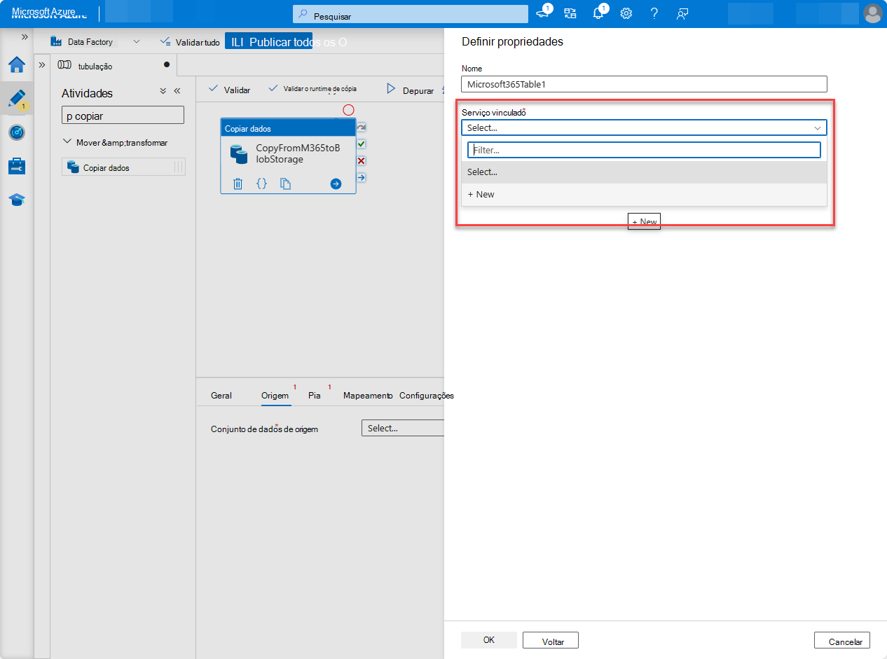 Uma captura de tela da página de serviço do Data Factory do portal do Azure com o novo painel de serviço vinculado realçado selecionando novo.