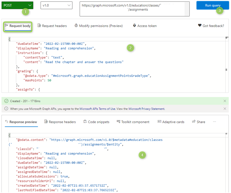 Captura de tela da solicitação e resposta Criar consulta de atribuição no Graph Explorer