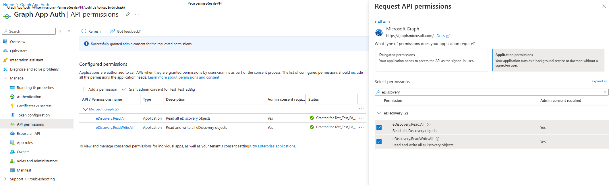 Captura de tela da página de permissões da API de registro do aplicativo.