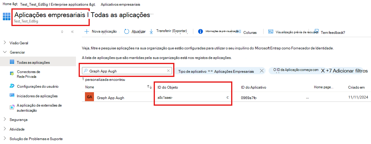 Captura de tela da página de aplicativos empresariais.