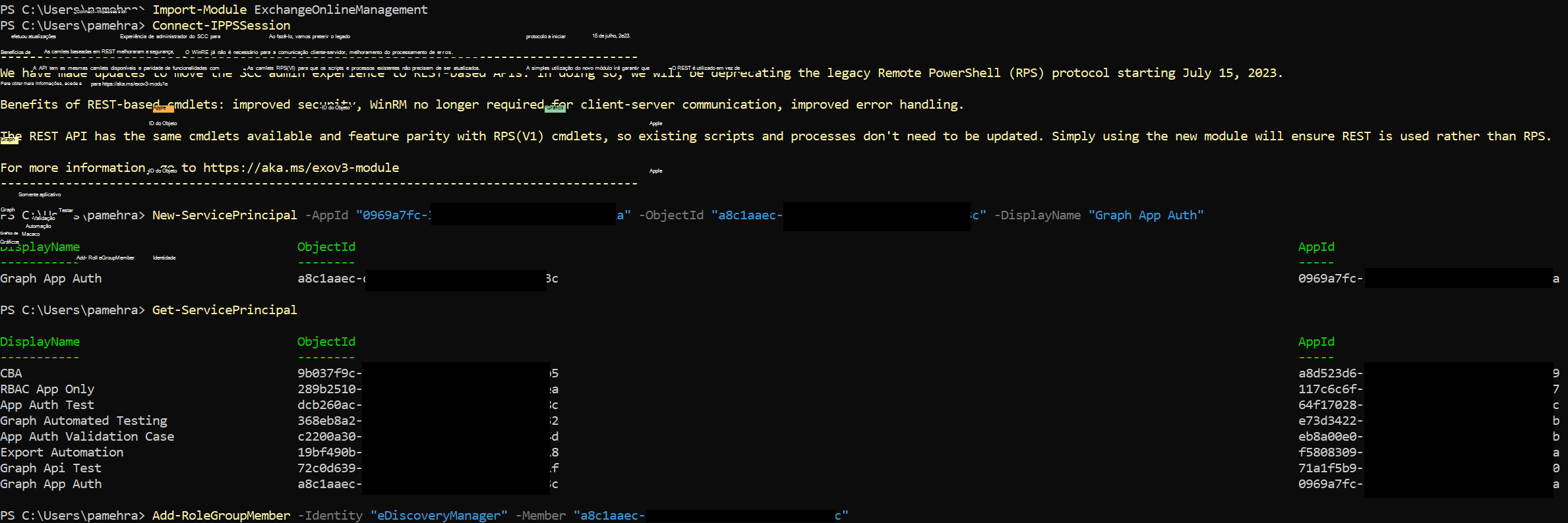 Captura de tela do shell do Exchange Online.