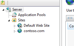 Screenshot of the Actions pane. Server is expanded. Sites is expanded.