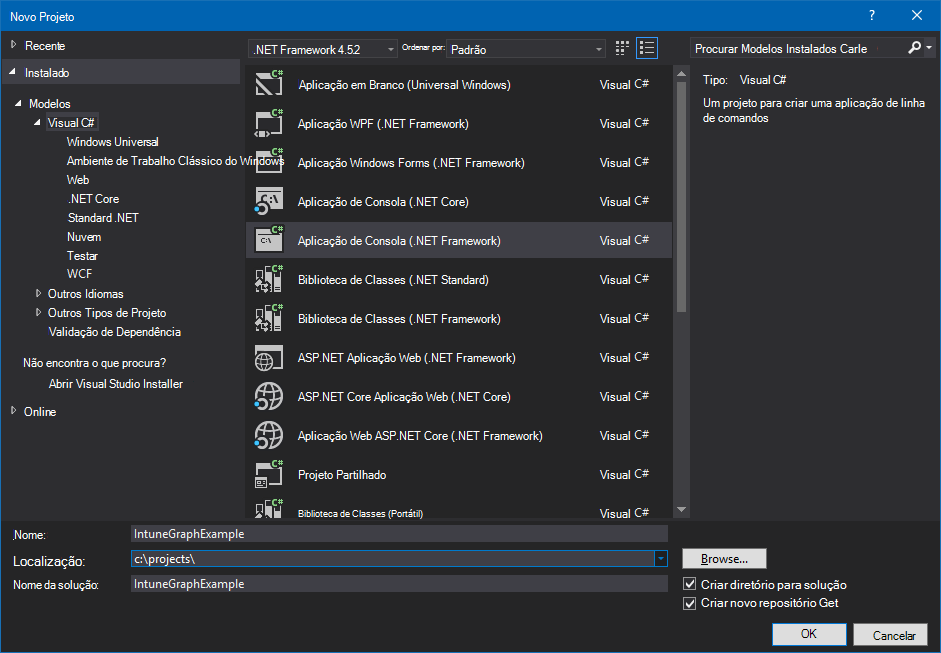 Criando um projeto de aplicativo de console C# no Visual Studio