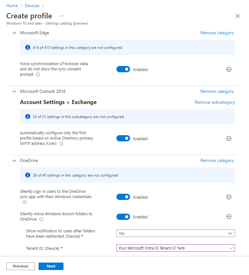 Captura de tela que mostra um exemplo de um perfil de catálogo de configurações no Microsoft Intune.