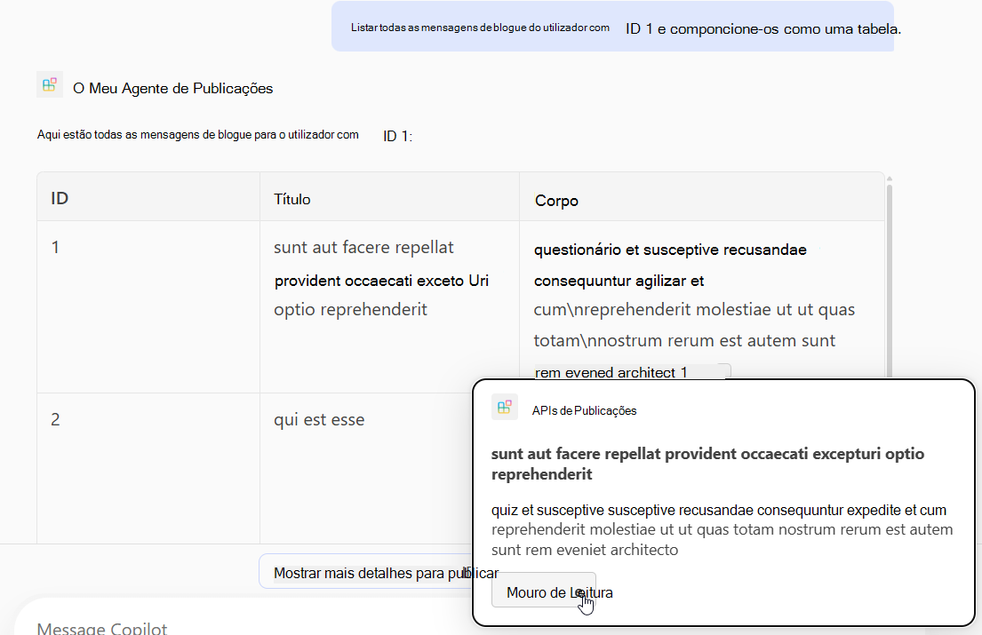 Uma captura de tela de uma resposta de um agente declarativo com base em operações GET com cartões adaptáveis