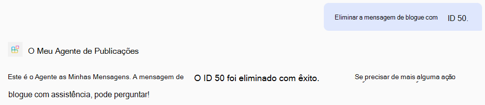 Uma captura de tela de uma resposta de um agente declarativo com base em operações DELETE