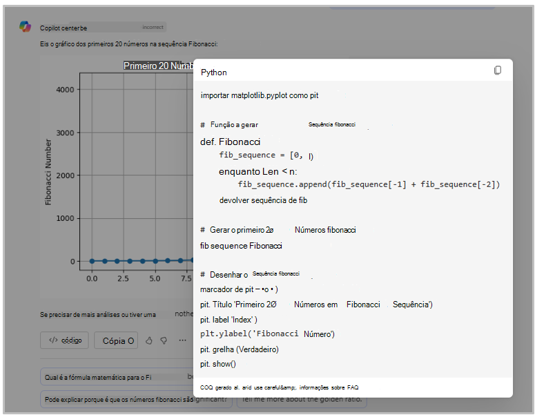 Captura de tela do código Python para representar graficamente os primeiros 20 números de uma sequência de Fibonacci.