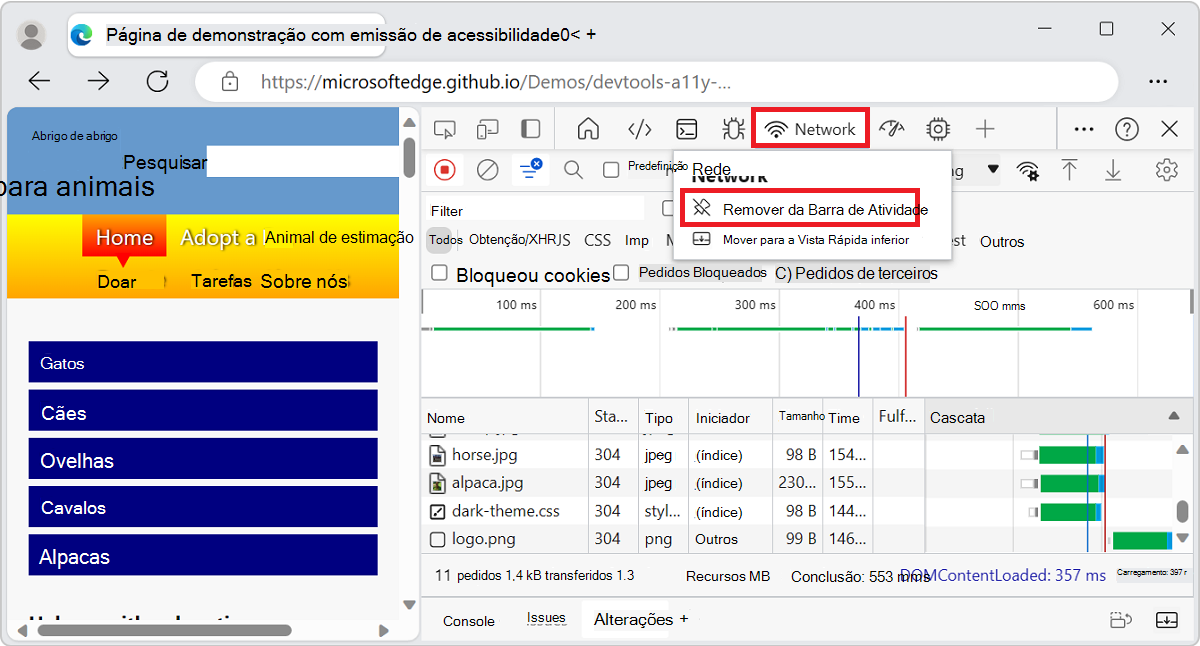 O menu de clique com o botão direito do mouse da ferramenta Rede na Barra de Atividades, incluindo o comando 'Remover da Barra de Atividades'