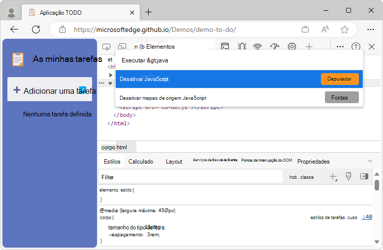 Usando o Menu de Comando para desativar o JavaScript