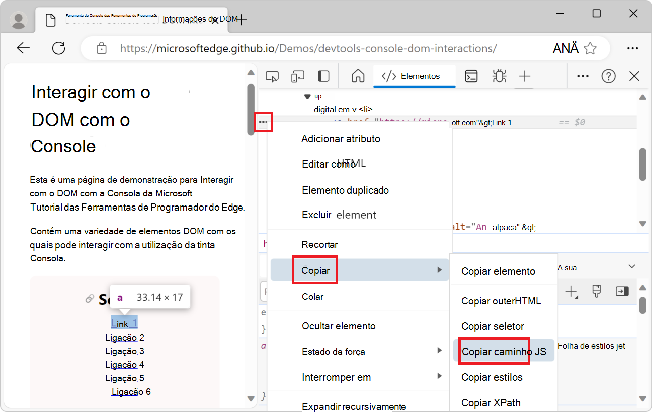 O item de menu Copiar caminho JS na ferramenta Elementos