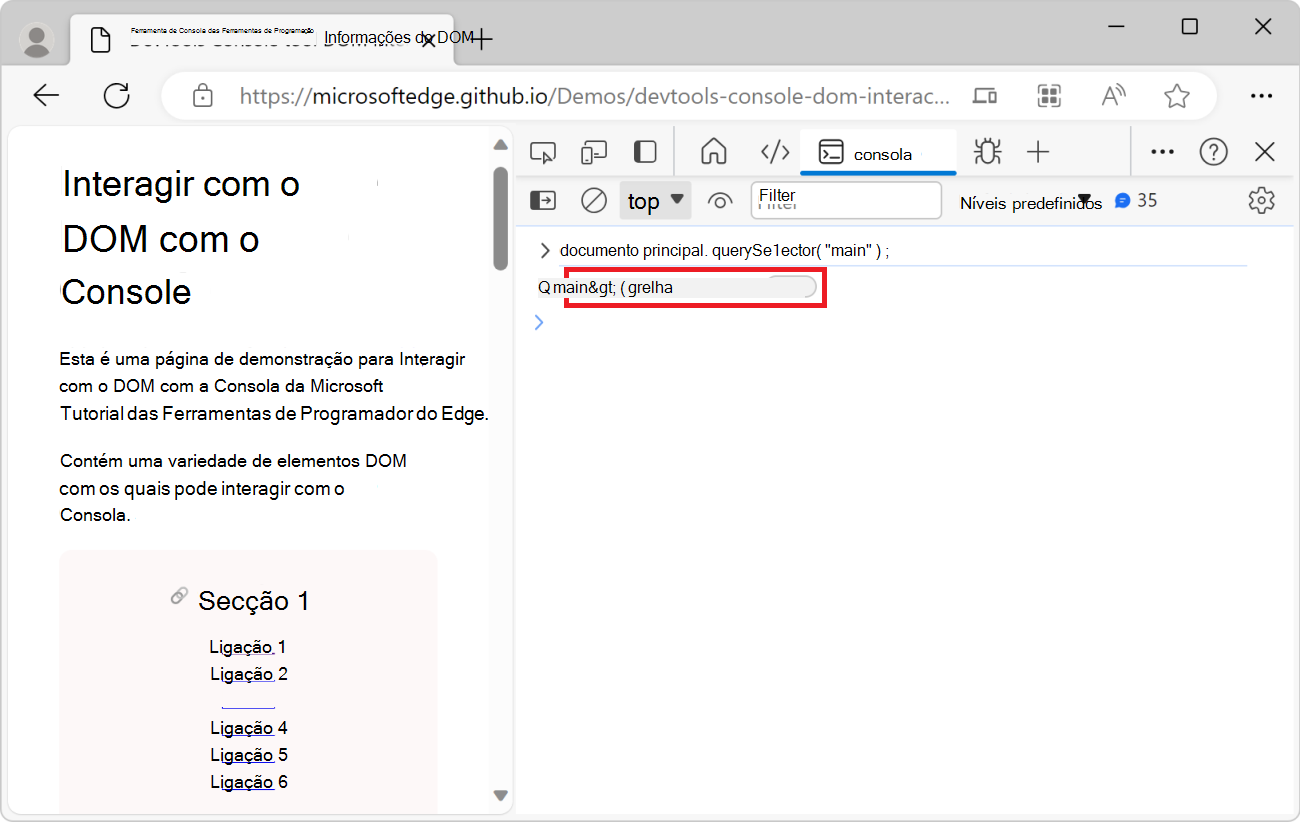 A ferramenta Console do DevTools, mostrando a expressão document.querySelector e o elemento principal resultante