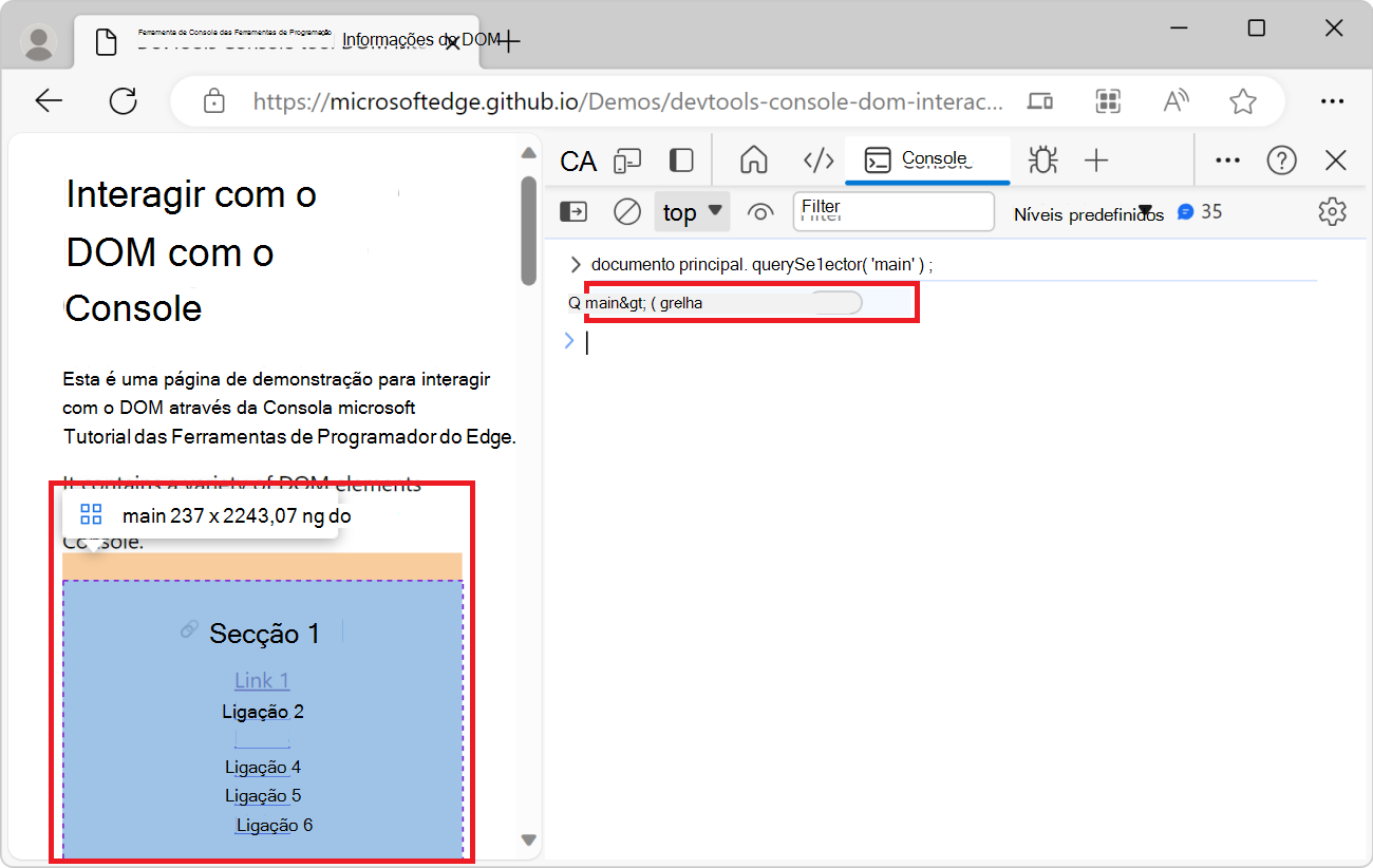 O elemento principal, realçado na página da Web renderizada