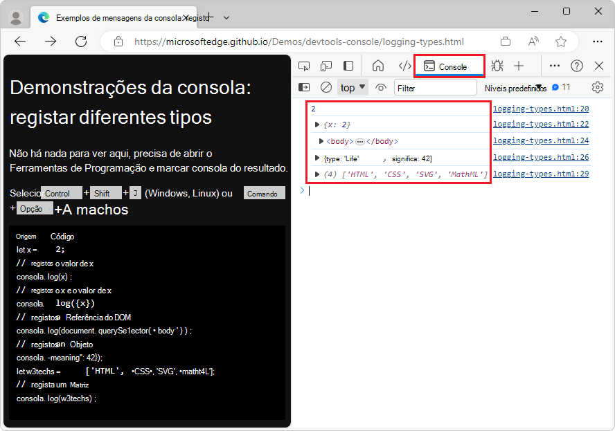 Registrar variáveis de diferentes tipos no console