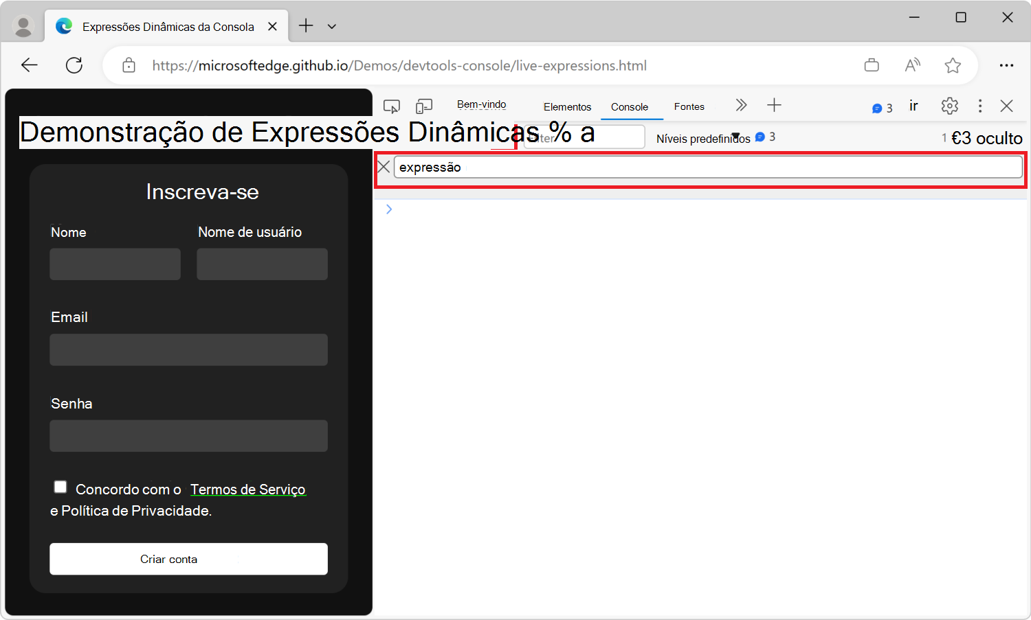 A ferramenta Console no DevTools, com a caixa de texto de expressão ao vivo abaixo da barra de ferramentas