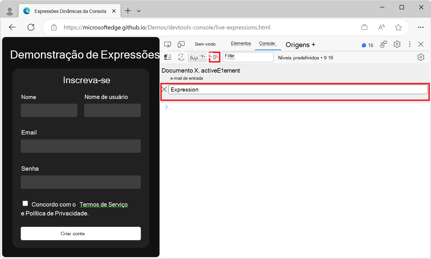 A ferramenta Console no DevTools, com uma caixa de texto de expressão ao vivo e uma nova expressão ao vivo abaixo dela