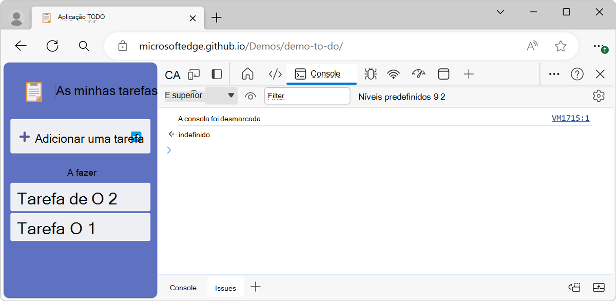 O resultado do comando clear(), o console está vazio e a mensagem 