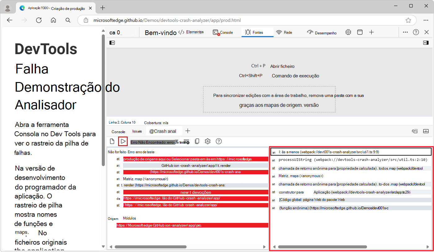 Usando a ferramenta Analisador de Falhas para depurar uma exceção JavaScript não fatal