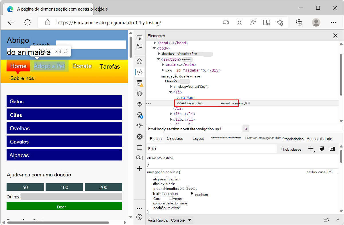 Microsoft Edge, com o aplicativo de demonstração de lista de tarefas pendentes e DevTools, mostrando a ferramenta Elementos, com o elemento de problema de contraste de cor selecionado