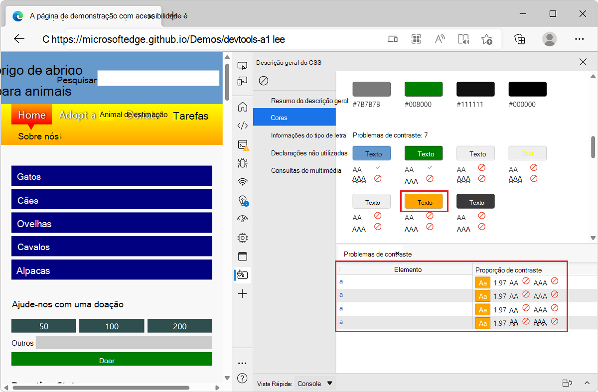 Microsoft Edge, com o aplicativo de demonstração de lista de tarefas pendentes e DevTools, mostrando uma lista de elementos com problema de contraste de cor