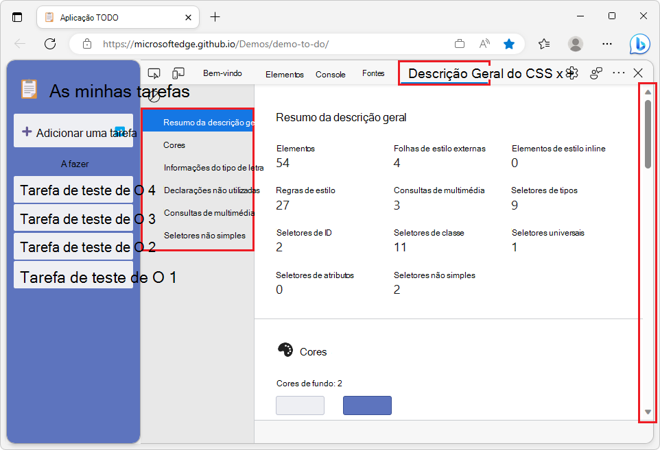Aplicativo de demonstração TODO à esquerda, relatório de visão geral do DevTools CSS à direita com uma lista clicável de seções e barra de rolagem