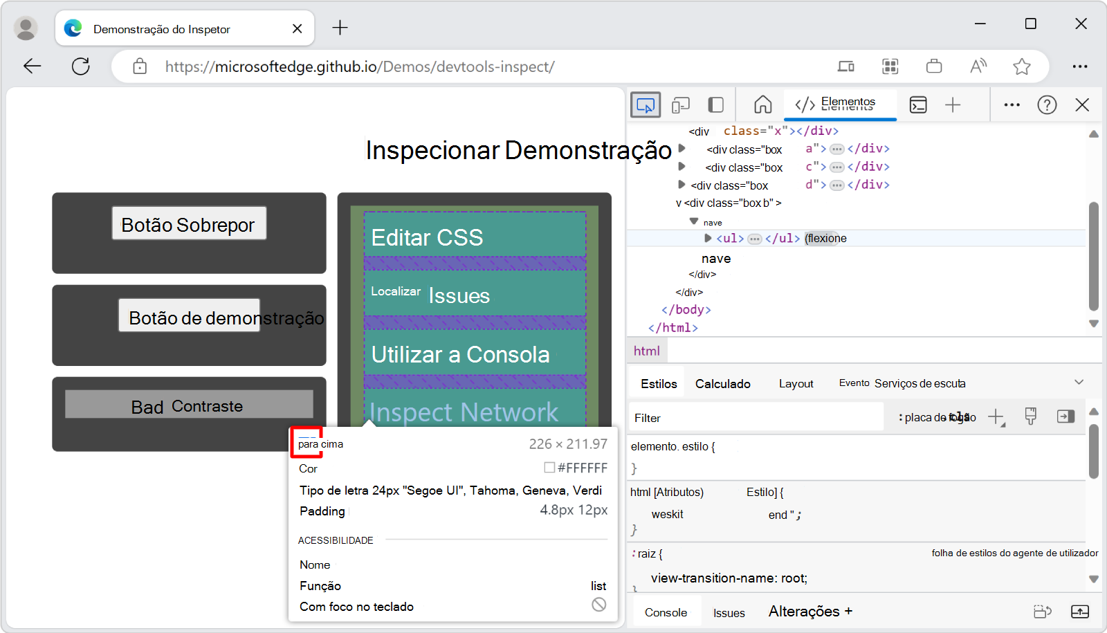 Um elemento que usa CSS flexbox tem um ícone extra ao lado de seu nome na sobreposição Inspecionar