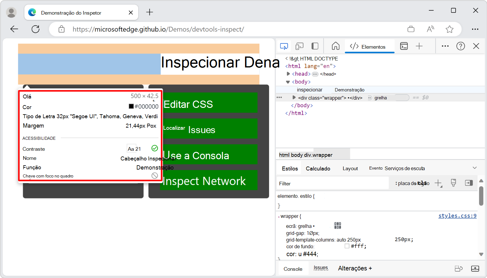 A sobreposição da ferramenta Inspecionar em uma página renderizada, mostrando informações sobre um elemento de título h1