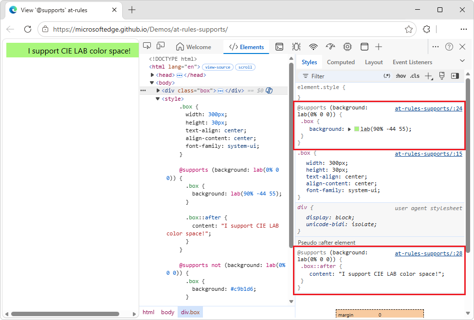 Resultado do HTML para o at-supports at-rule