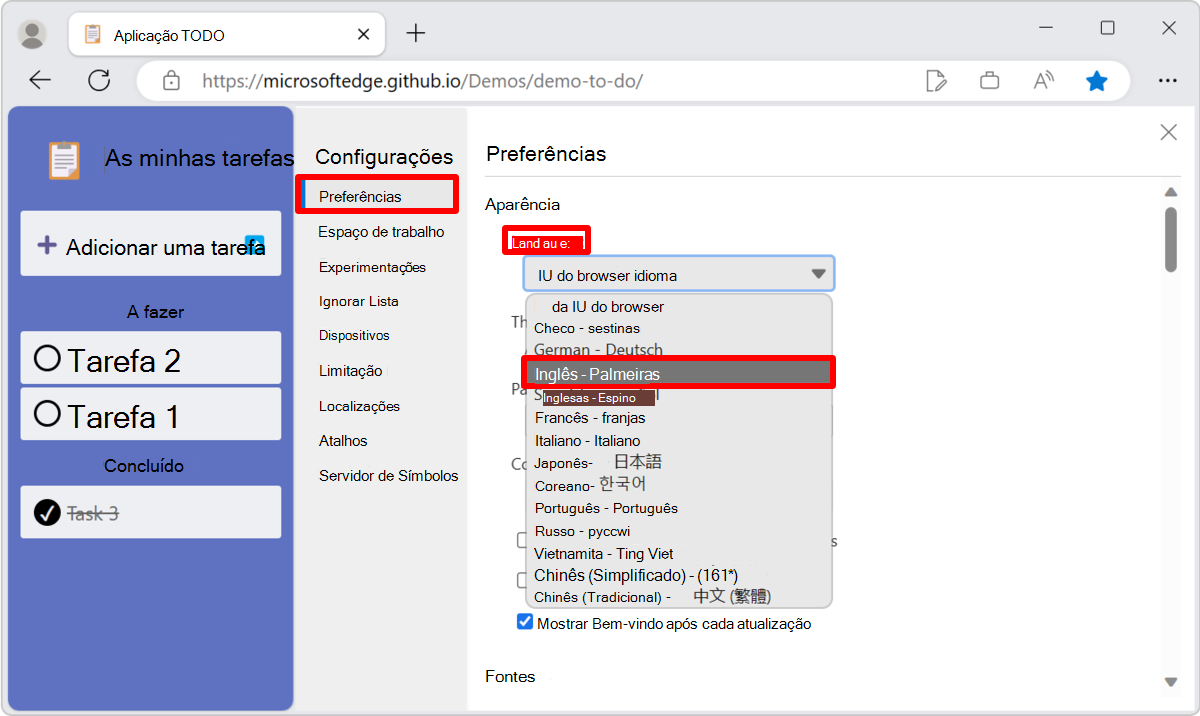 O uso da configuração de 'Idioma da interface do usuário do navegador' na página Preferências de Configurações