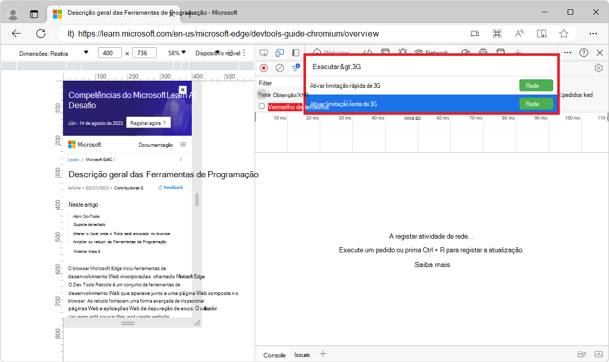 Selecionando Habilitar limitação 3G rápida ou lenta no Menu de Comando