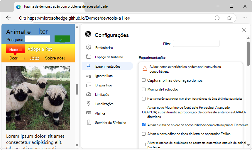 A página Experimentos em Configurações