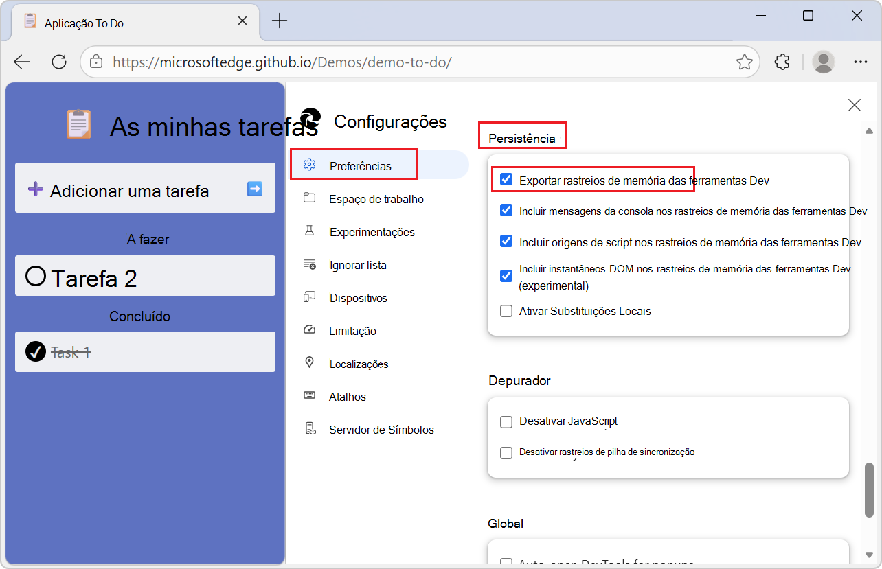 O painel Configurações no DevTools, mostrando a opção de tipo de exportação
