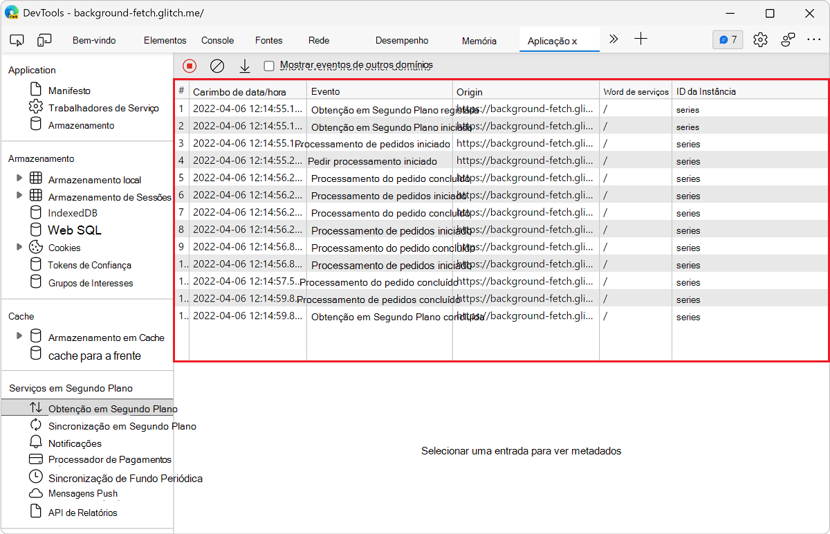 Um log de eventos no painel Busca em segundo plano