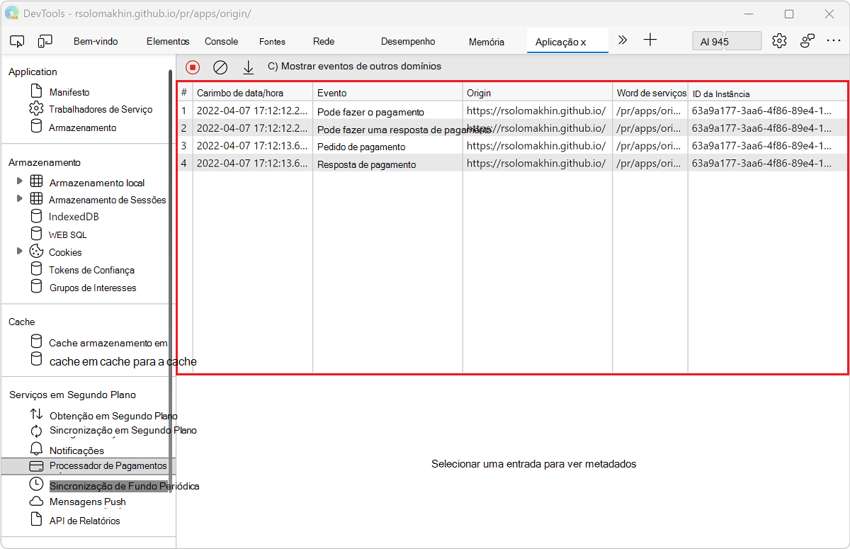 Um log de eventos no painel Manipulador de Pagamento