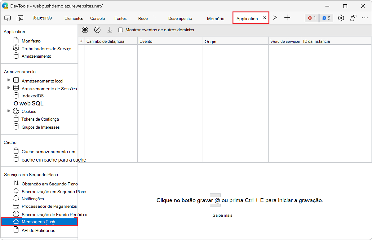 Abrir o painel de mensagens por push