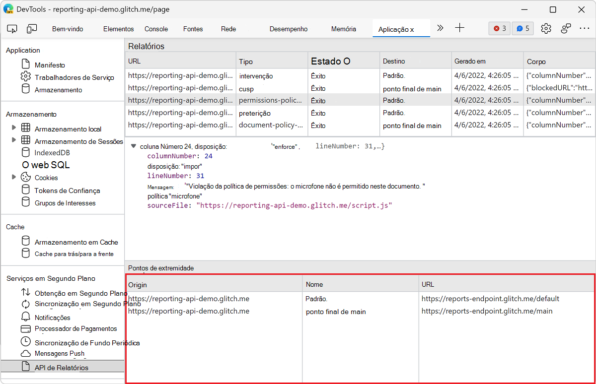 Exibir a lista de pontos de extremidade de relatório no painel API de Relatório