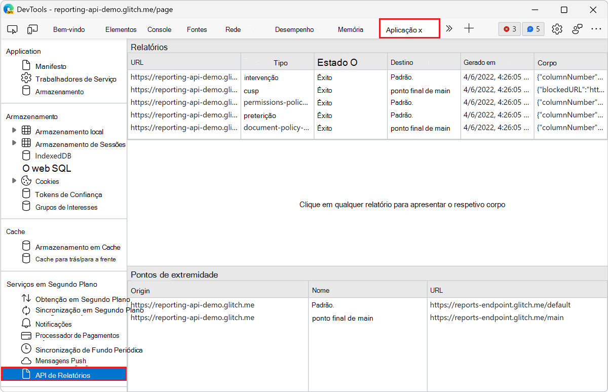 Abrir o painel API de relatório