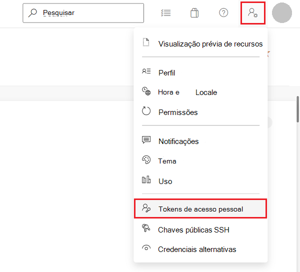 O menu 'Configurações do usuário' no Azure DevOps, com o comando 'Tokens de acesso pessoal'