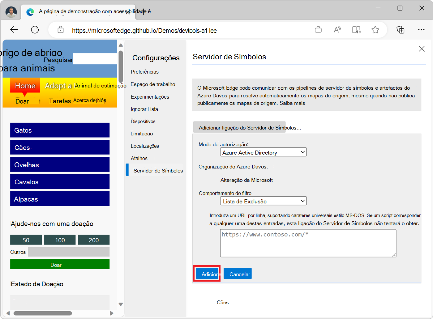 A tela de configuração do Servidor de Símbolos no DevTools, mostrando o botão Adicionar para criar uma nova conexão