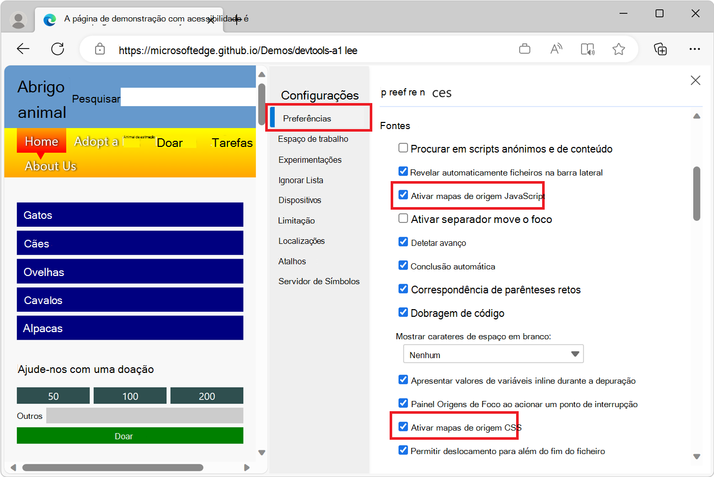 A tela de configuração de Preferências nas configurações do DevTools