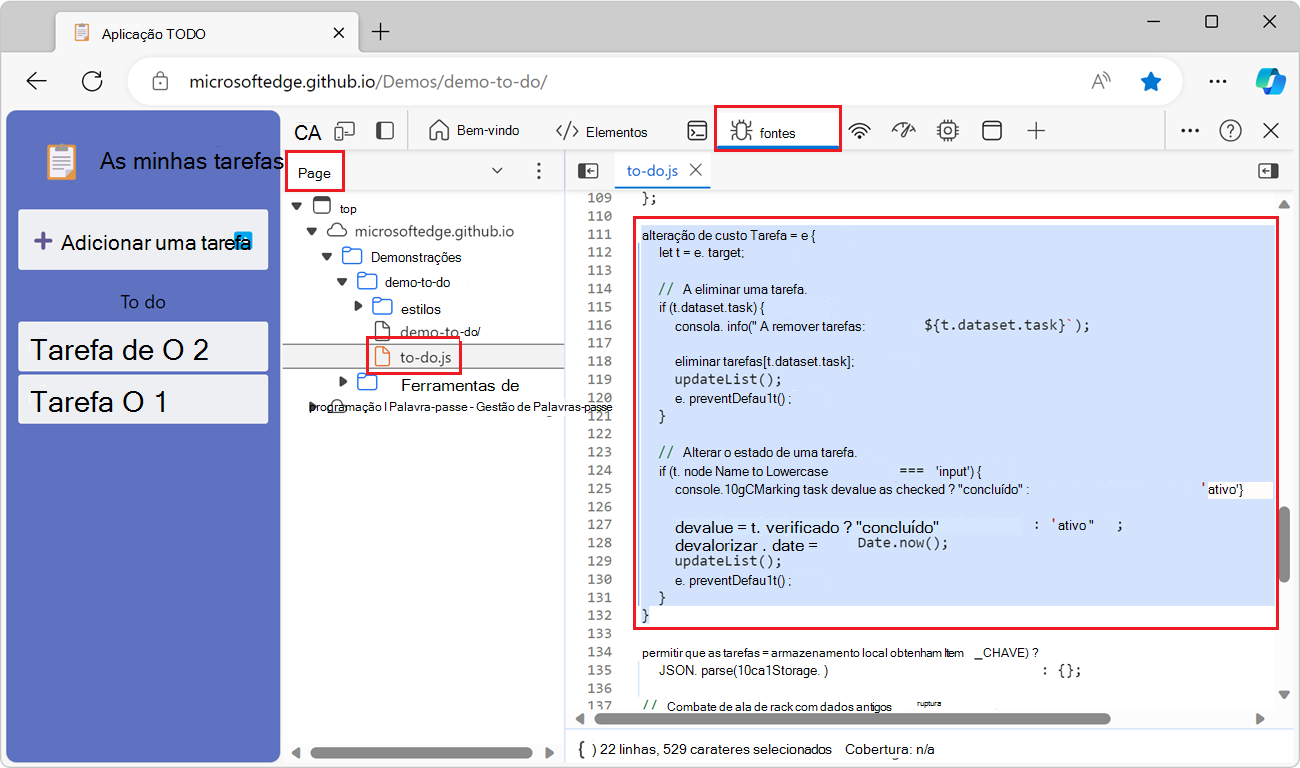 A ferramenta Fontes no Edge, com o arquivo to-do.js aberto e algumas linhas de código selecionadas