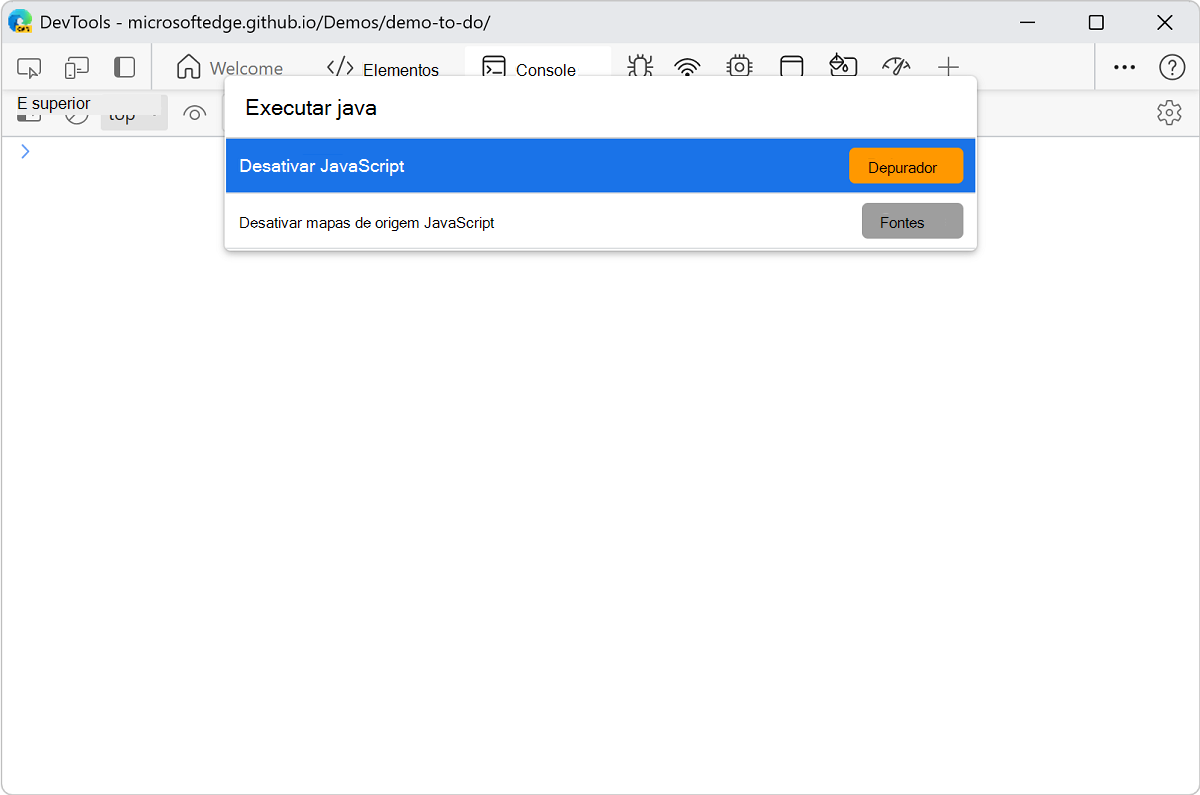 Selecione 'Desabilitar JavaScript' no Menu de Comando