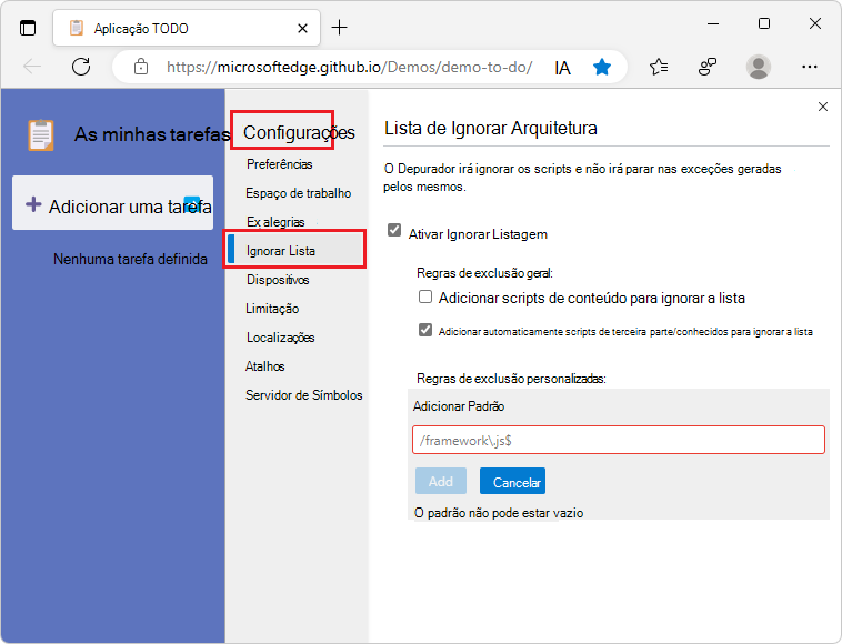 Habilitando a caixa de seleção 'Adicionar scripts de conteúdo para lista de ignorados'