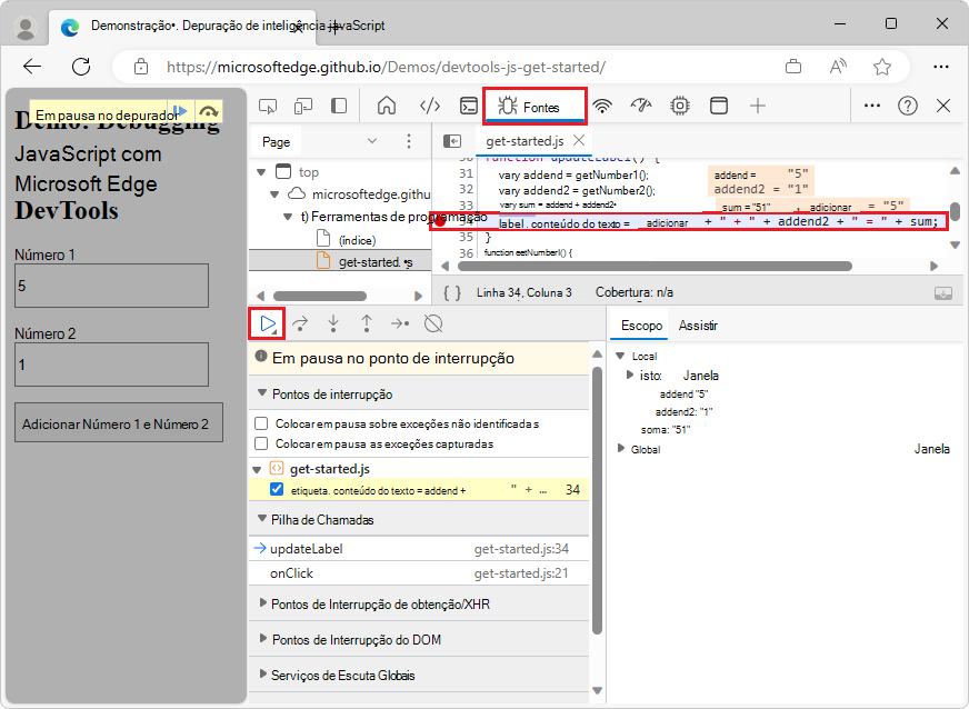 DevTools pausa no ponto de interrupção de linha de código na linha 34