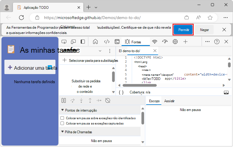 Concedendo ao DevTools acesso a uma pasta