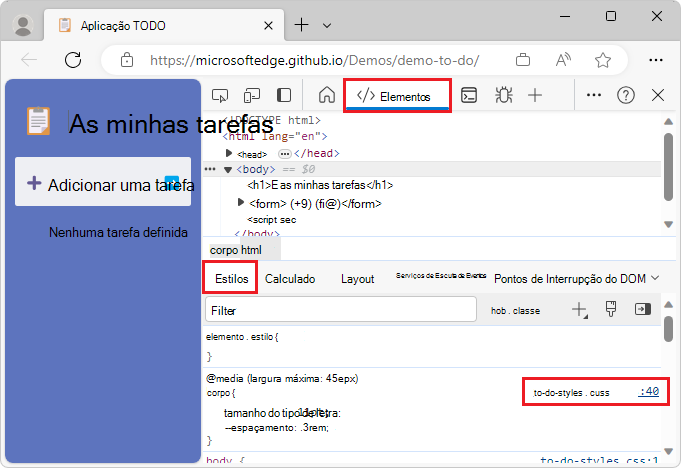 Selecionando um arquivo no inspetor de Estilos