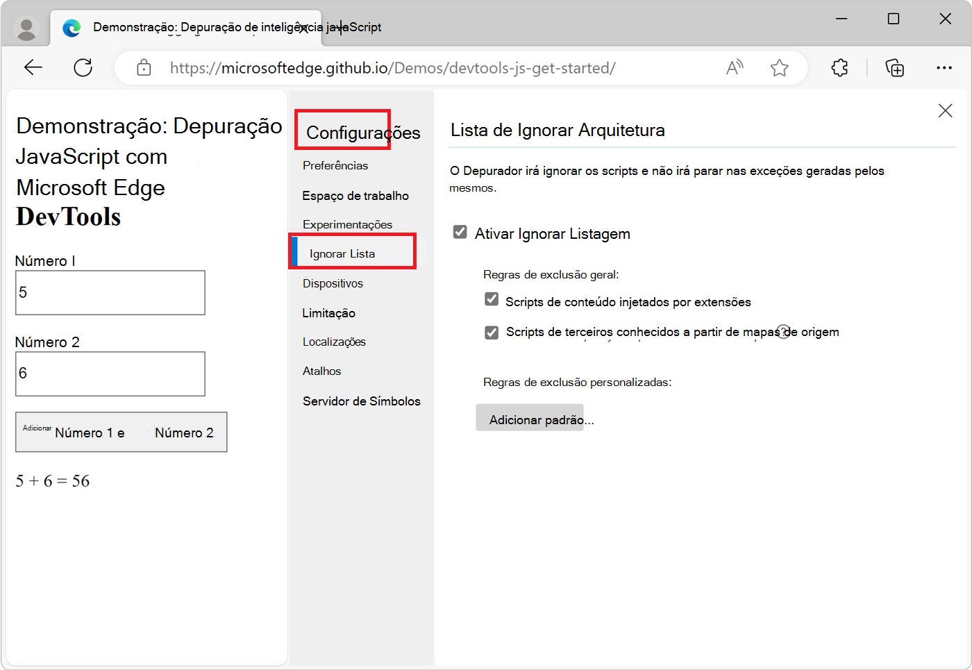 Adicionando um script à Lista de Ignorados nas Configurações