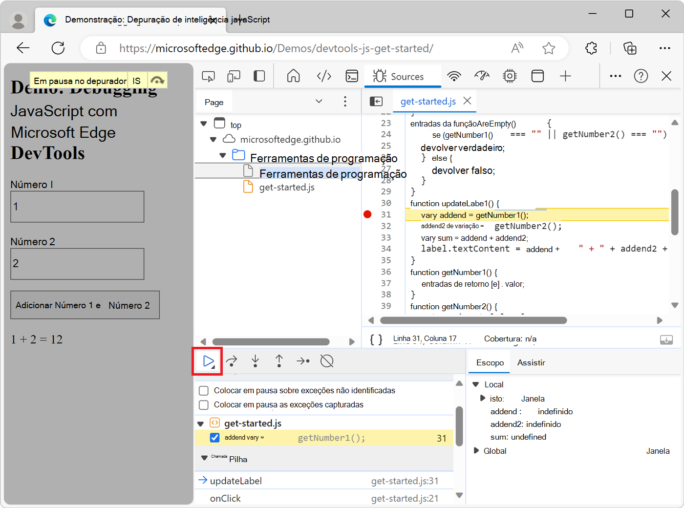 Clicando no botão Retomar execução de script