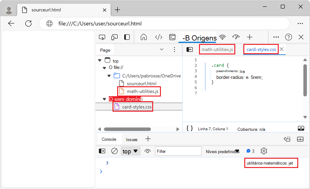 As ferramentas Fontes e Console, mostrando os nomes de arquivos virtuais