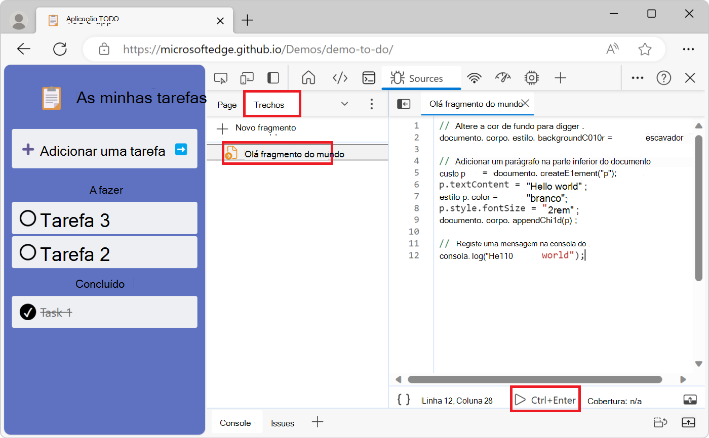 O botão de execução de trecho na parte inferior do editor de código